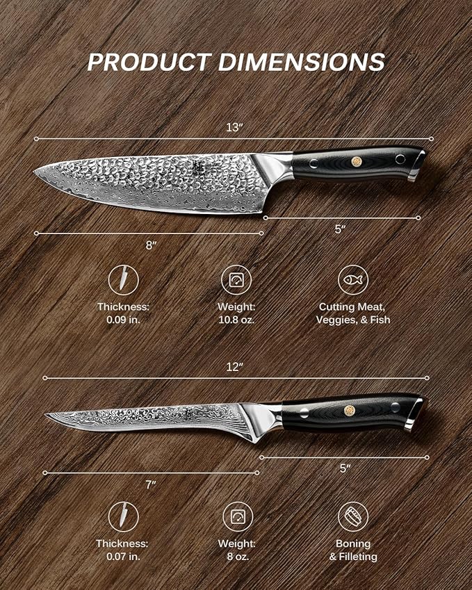 KYOKU Knife Set Shogun Gin Series 2pc Japanese Style Kitchen Knife Set 7 Boning 8 Chef Knife with Silver Ion Blade Sheath Gift Box Sharp Damascus Stainless Steel Knives for Meat Vegetable