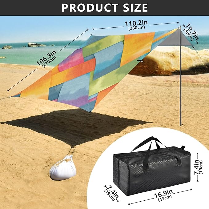 Gray Tie-dye Background Rainbow Colors Beach Tent &amp Canopy UPF50+ Protection Lightweight Sun Shelter with Sandbags Sand Shovel Poles for Family Trips Picnics &amp Camping