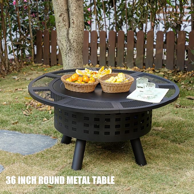 36 inch Outdoor Fire Pit with GrillWood Burning Fire Pits for Outside with Lid &amp Fire PokerMetal 3-in-1 Firepit Table with Cooking GrateOutdoor Firepit for YardBonfirePatio(Charcoal)