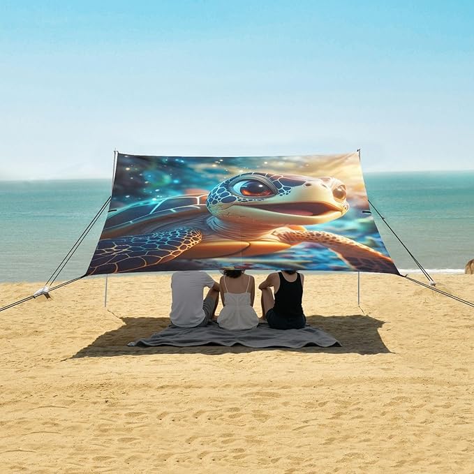 ALAZA Cute Sea Turtle with Ocean Beach Tent Sun Shelter Portable Canopy Sunshade for Outdoor Camping Picnics Backyard Fun 10x9 ft