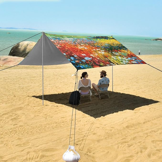 Beach Canopy with Windproof Ropes &amp Sandbags Beach Tent Sun Shade Sun Shelter for Camping Trips Fishing Backyard Fun or Picnics Landscape