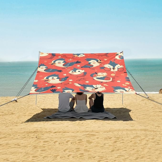 Cartoon Woodpecker Red Beach Tent UPF50+ Easy Setup Large Sun Shelter with Sand Pockets for Camping Picnics Backyard &amp Fishing