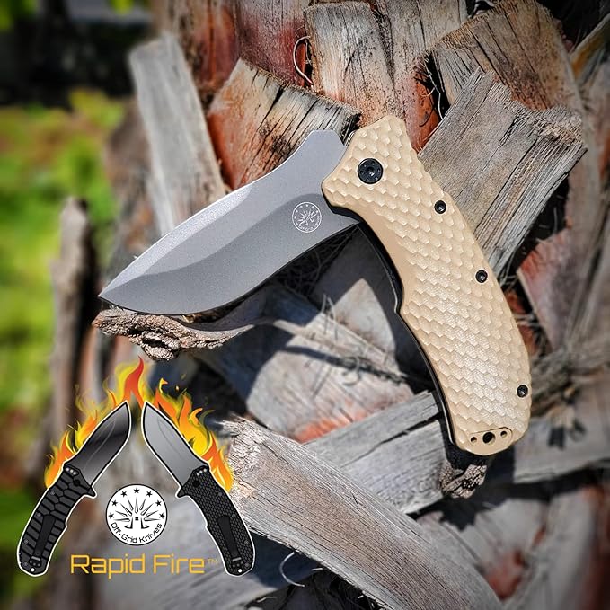 Off-Grid Knives - Rapid Fire Coyote Large Assisted EDC Hard Use Construction Camping and Survival Cryogenic D2 Blade Steel Titanium Nitride Coating with G10 Scales Deep Pocket Carry