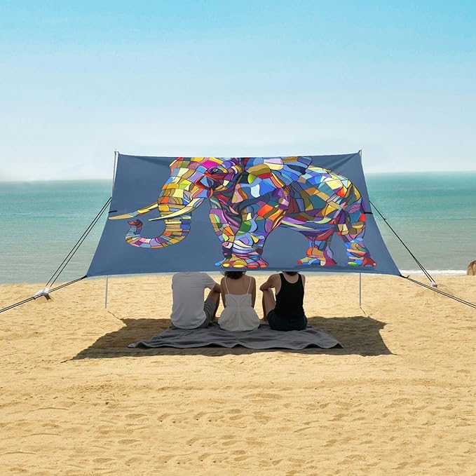 ALAZA Mosaic Elephant Rainbow Color Beach Tent Sun Shelter UPF50+ Protection Beach Shade Canopy w/ 4 Sandbags for Outdoor Camping Fishing Backyard Fun Picnic 10x9 ft