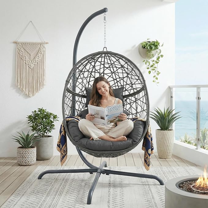 BULEXYARD Oversized Hanging Egg Chair with Stand Indoor Outdoor Wicker Bird Cage Swing Chair Patio Hammock Egg-Shaped Swinging Chair with Dark Grey Cushion for Garden Bedroom 350LBS Capacity