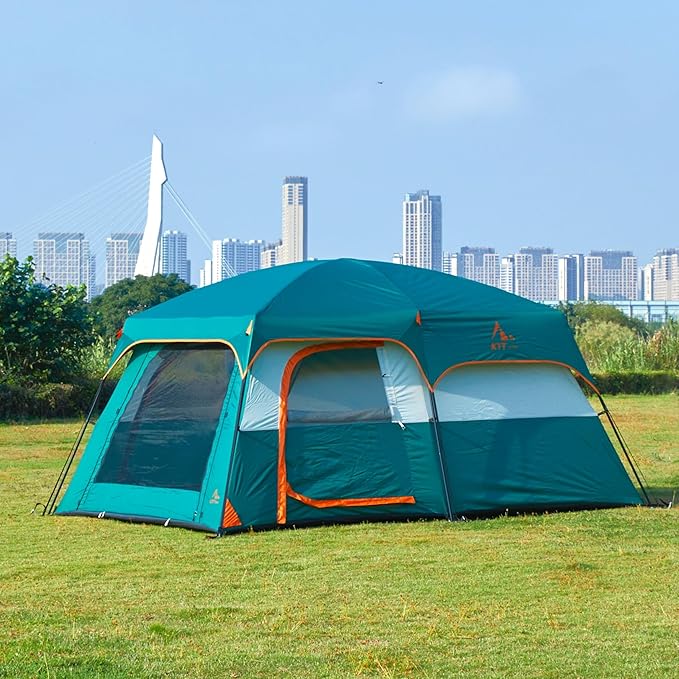 KTT Extra Large Tent 6-10-12-14 Person(A)Family Cabin Tents2 Rooms3 Doors and 3 Windows with MeshStraight WallWaterproofDouble LayerBig Tent for OutdoorPicnicCampingFamily Gathering