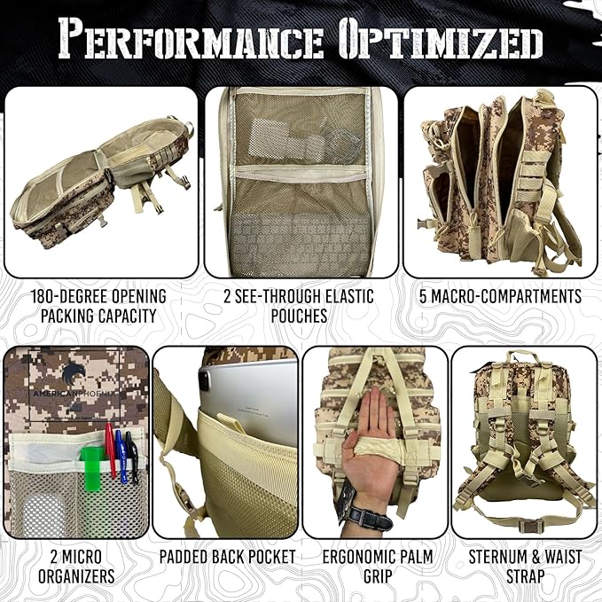 AMERICANPHOENIX 45L Elite Tactical Backpack | 3X Stronger Work &amp Military Backpack | Water Resistant and Heavy Duty | 3 Day MOLLE Bug Out Bag (Sand Storm)