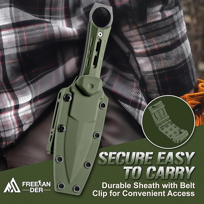 Freelander Fixed Blade Knife with Sheath - D2 Steel Camping Knife with Anti-Slip Grip Full Tang Survival Knives for Bushcraft &amp Outdoor Adventures Gift for Men Green