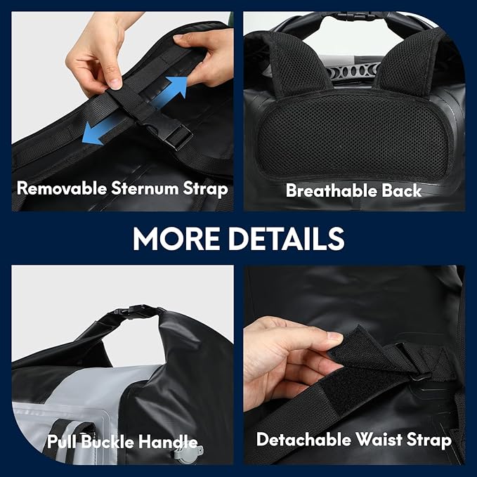 Haimont Waterproof Backpack Roll Top Dry Bag Kayak Dry Backpack IPX7 for Outdoor Dry Pack Boating Fishing 60L Black/Gray