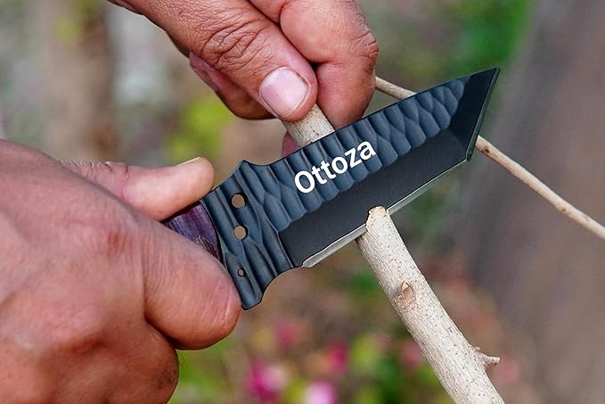 Ottoza Tanto Tactical Knife with Fixed Blade and Horizontal Carry Leather Sheath - Compact Military EDC Knife - Dark Red Micarta Handle 381
