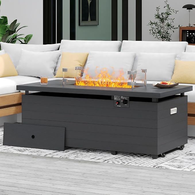 Sundale Outdoor 51 Inch Outdoor Fire Pit Table 50000BTU Rectangle Propane Fire Pit with Sliding Tank Holder Glass Wind Guard Removable Lid CSA Certified Gray