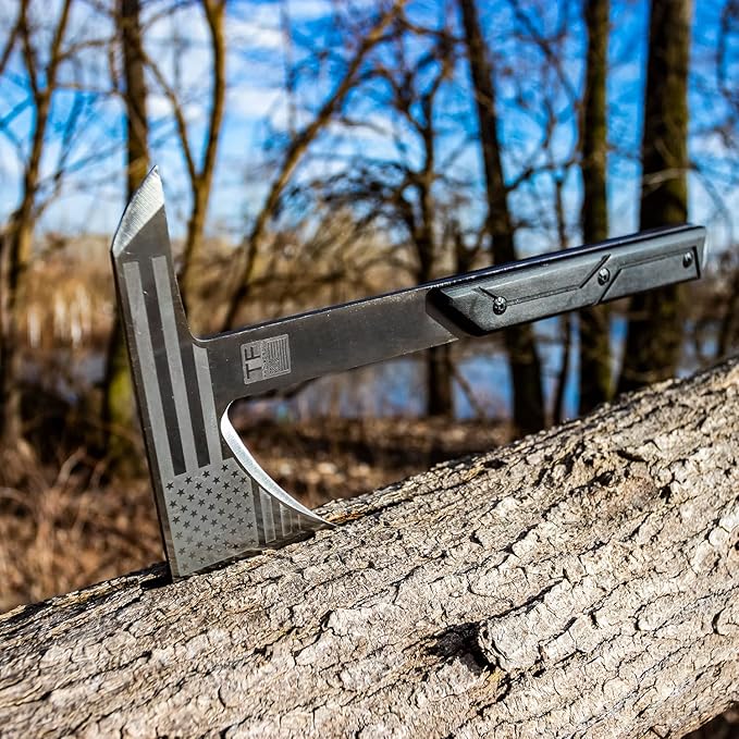 TAC-FORCE Tomahawk – Axe - Satin Finish Stainless Steel Blade w/Etched U.S.A. Flag Black Wood Handle Full Tang Construction Includes Nylon Sheath Tactical EDC Rescue - TF-AXE001S