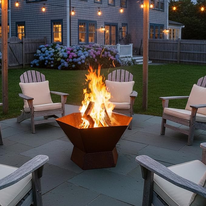 Sunnydaze Rustic Affinity 24-Inch Fire Pit - Outdoor Wood-Burning Fire Pit with Oxidized Finish - Hexagon-Shaped