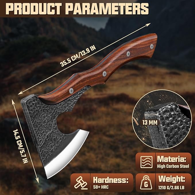 Purple Dragon Camping Hatchet Axe with Sheath - 14 Hand Forged Survival Hatchet for Wood Chopping Splitting &amp Carving Bushcraft Axe for Outdoor &amp Garden Work with Full Tang Wood Handle Men