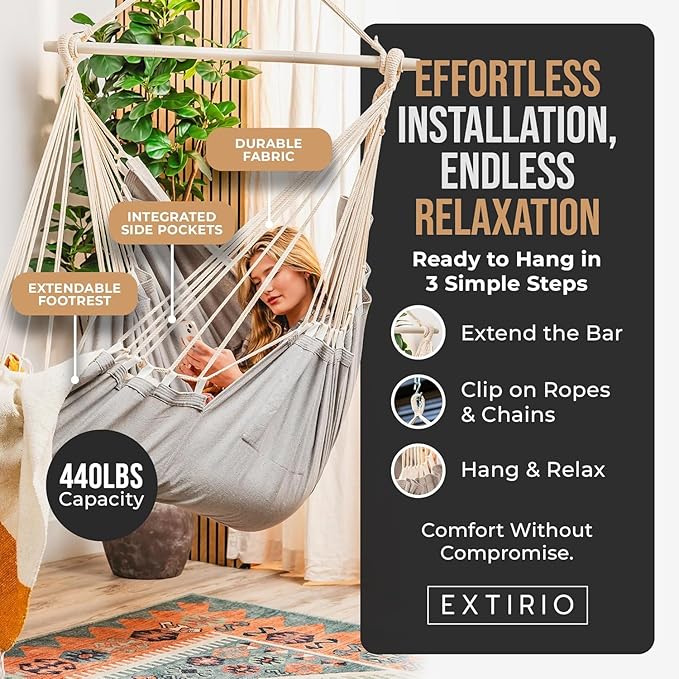 Hanging Hammock Chair Swing – Hanging Chair Outdoor &amp Indoor - Hammock Swing Chair – Quick &amp Easy Setup with Hardware Kit – Durable &amp Spacious Full Body Support with 2 Plush Cushions – Hol