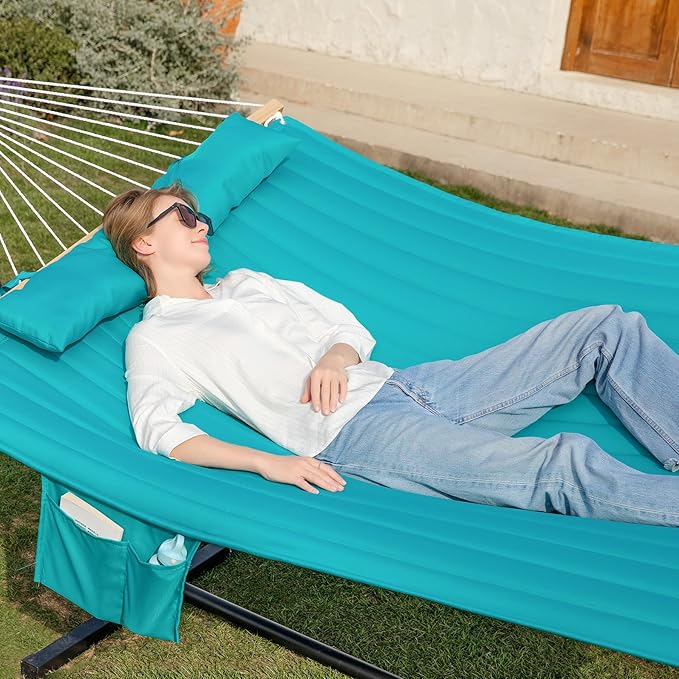 GAFETE 2 Person Hammock with Stand for Outside Heavy Duty Steel Stand Double 55inch Hammocks Large Removable Pillow Storage Bags Max 475 lbs Capacity (Lake Aqua)