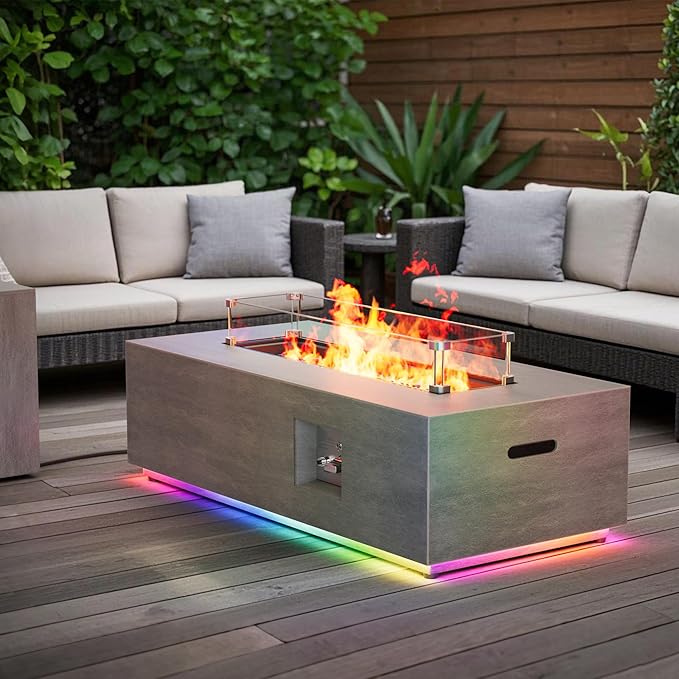 42 Outdoor Fire Pit Table 50000 BTU Gas Fire Pit with Glass Wind Guard Fire Stones Waterproof Cover Propane Fire Pit Table for Outside Patio (RGB Light Brown)