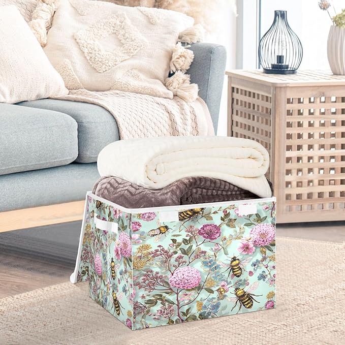 Sage Green Bees and Flowers Collapsible Storage Bins with Lids Decorative Fabric Cubes Closet Organizer Basket Boxes Containers for Clothes Box Chest Folding Rectangle