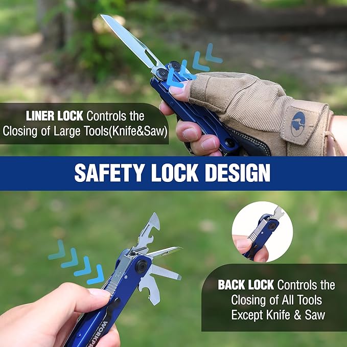 WORKPRO 24-in-1 Mutitool Stainless Steel Multitool Pliers with Pocket Knife and Screwdrivers EDC Self-locking Multi Tool with Sheath Belt Clip for Outdoor Activities Gifts for Men Blue