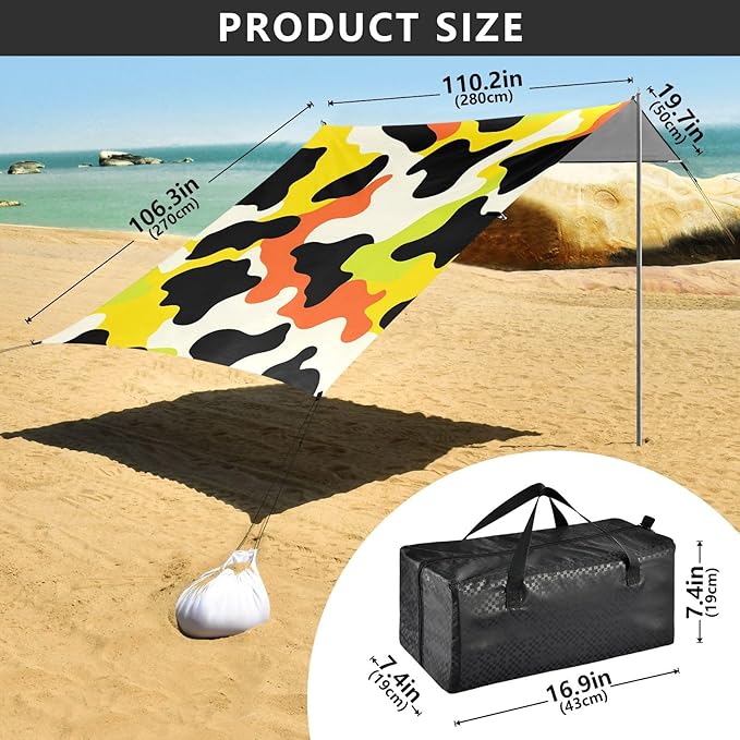 ALAZA Yellow Green Orange Cow Pattern Beach Tent Sun Shelter Portable Canopy Sunshade for Outdoor Camping Picnics Backyard Fun 10x9 ft
