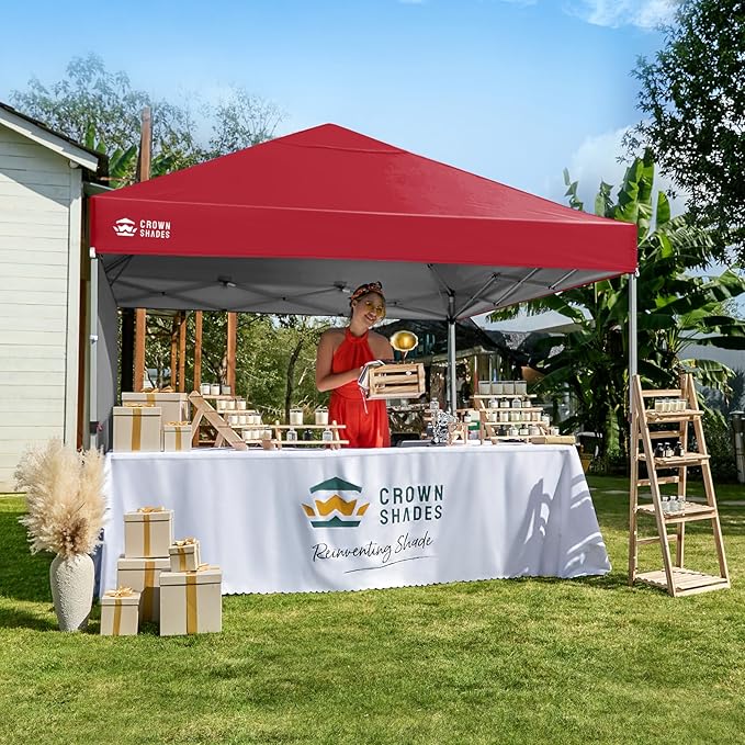 CROWN SHADES 8x8 Pop Up Canopy with 1 Side Wall - Beach Tent with One Push Setup - Outdoor Sun Shade for Events Parties Camping - Gazebo with STO-N-Go Cover Bag (Red)