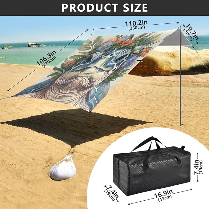 ALAZA Turtle Wreath of Flower on Head Beach Tent Sun Shelter Portable Canopy Sunshade for Outdoor Camping Picnics Backyard Fun 10x9 ft