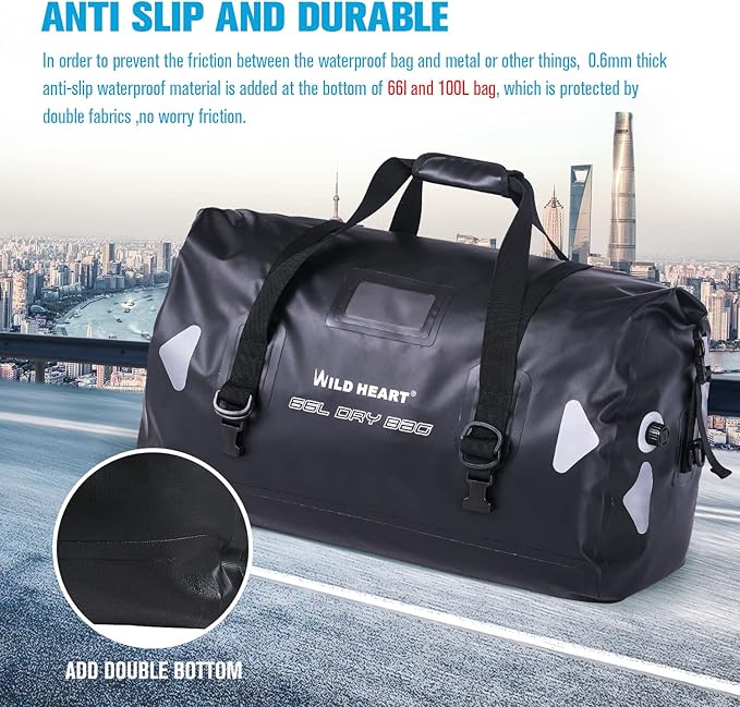 WILD HEART Waterproof Motorcycle Duffel Bag PVC500D Double-bottom With Rope Straps and Inner Pocket 40L 66L 100L for Kayaking Camping BoatingMotorcycle