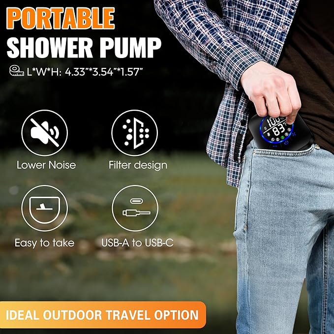 Portable Shower for Camping 8000mAh Rechargeable Camping Shower Pump with XL Foldable Bucket IPX8 Waterproof Surrounding Water Inlet 5 Pressure Modes Outdoor Shower Pump for Hiking Travel Pet