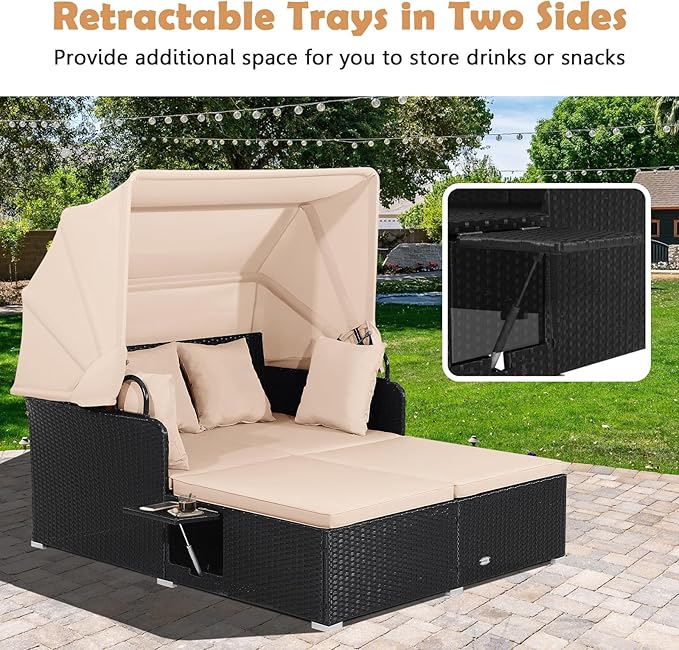 Tangkula Patio Rattan Daybed with Retractable Canopy Outdoor Wicker Sunbed Lounger with 2 Foldable Side Tables Thick Seat &amp Back Cushions Outside Double Daybed for Garden Backyard Porch