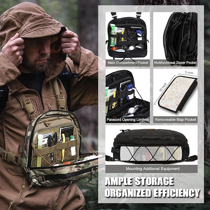 Tactical Chest Rig Bag 3L Utility Hypalon Molle Chest Rig With Map Pocket 500D Cordura Chest Bag for Hunting Workouts (Black)