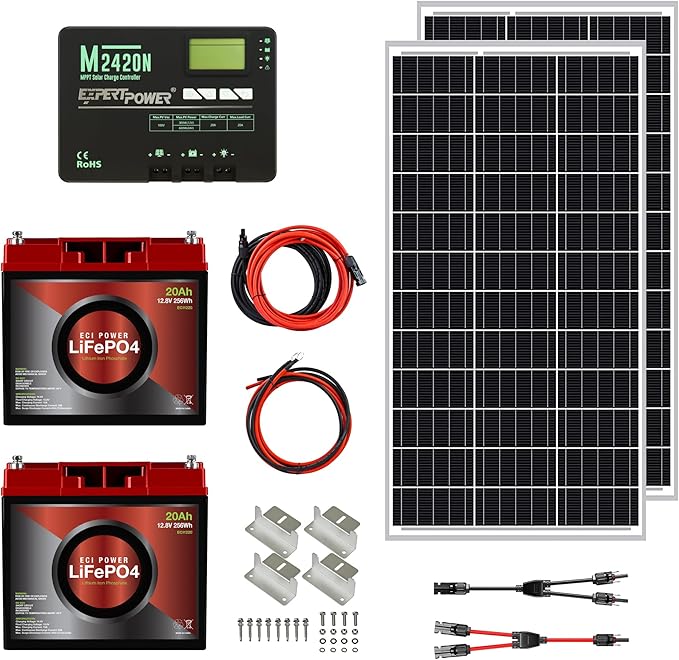 ECI Power 200W 12V Solar Power Kit | 2 x 12V 20Ah LiFePO4 Lithium Batteries | 200W Mono Rigid Solar Panels 20A MPPT Solar Charge Controller | RV Trailer Camper Marine Off Grid Solar Projects