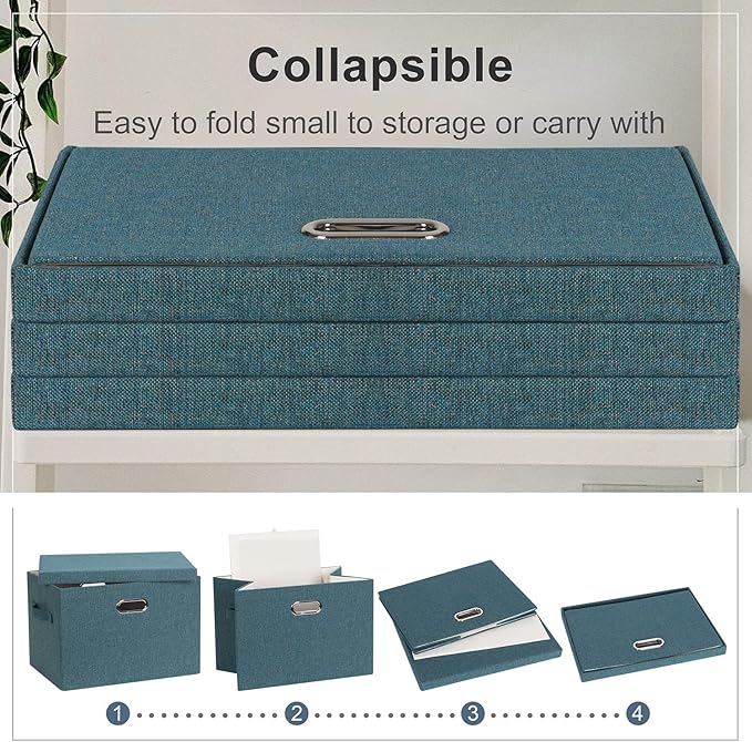 Graciadeco Large 17 36 Quart Collapsible Stackable Storage Bins with Lids 3 Packs Blue-Green Linen Fabric Closet Boxes with Lids Storage Cube Baskets Container Organizers for Bedroom (17x12x11)