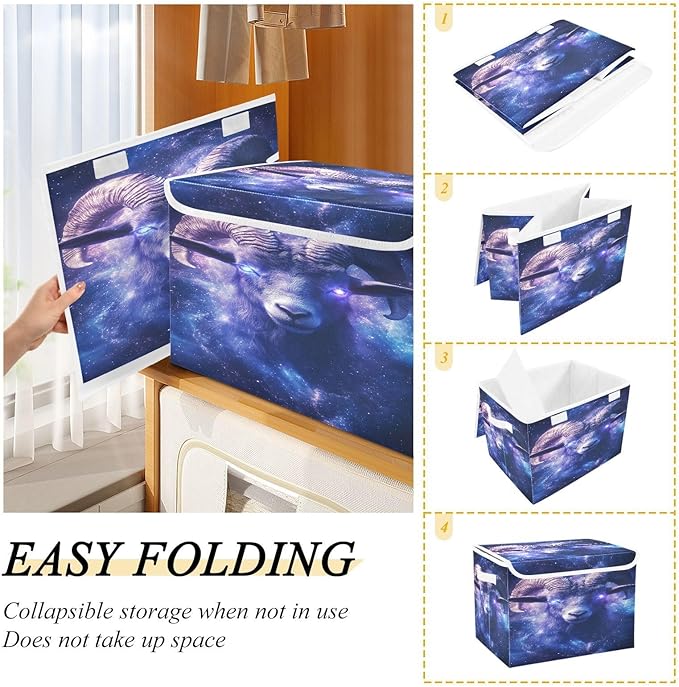 Goat with Glowing Eyes Storage Baskets Lidded Bin Foldable Storage Boxes Cubes Lids with 2 Handles for Organizing Closet Home Office