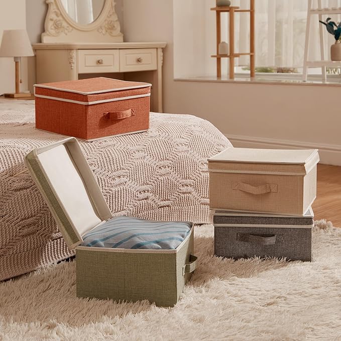Storage Bins with Lid Foldable Clothing Storage Box case with Handle for Closet Bedroom Home 4 Color Set A 13L x 12.5W x 7H inch