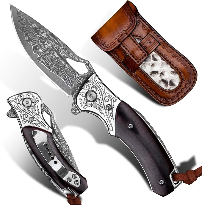 Handmade Damascus Steel Flipper Folding Knife with Pocket Clip Liner Lock Tactical Knife for Camping Hunting Fishing and EDC