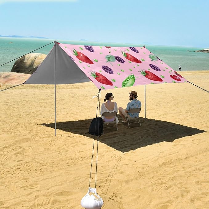 xigua Fruit Beach Tent Sun Shelter with Carrying Bag - Silver Coated Oxford Fabric Beach Canopy for Beach Camping Fishing - Includes Windproof Ropes Sandbags &amp Stakes