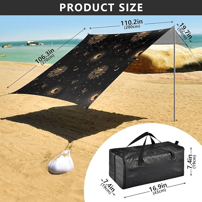 ALAZA Sun Moon Stars Astrology Beach Tent Sun Shelter UPF50+ Protection Beach Shade Canopy w/ 4 Sandbags for Outdoor Camping Fishing Backyard Fun Picnic 10x9 ft