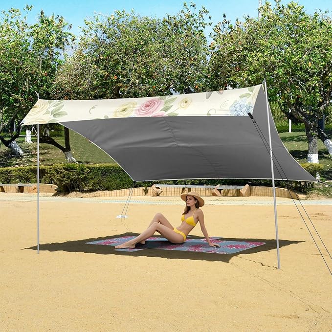 xigua Bunny Beach Tent Sun Shelter with Carrying Bag - Silver Coated Oxford Fabric Beach Canopy for Beach Camping Fishing - Includes Windproof Ropes Sandbags &amp Stakes