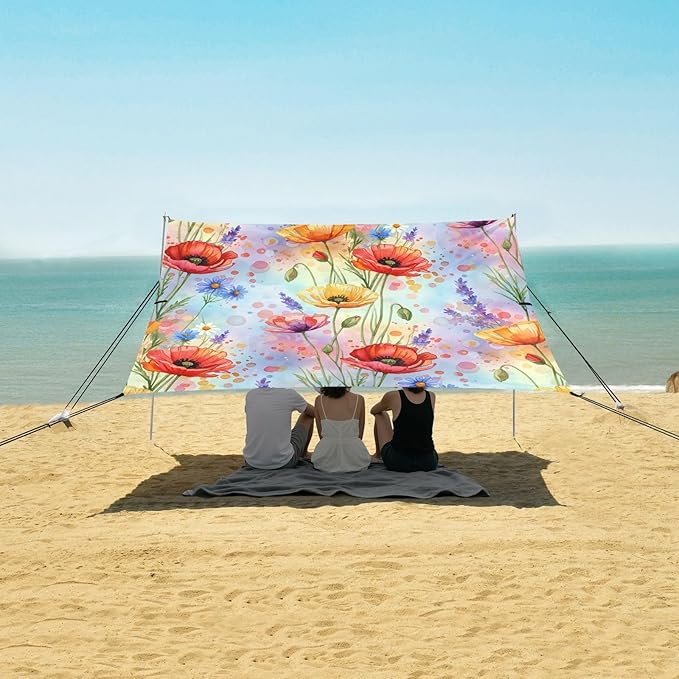 xigua Wlidflowers Beach Tent Sun Shelter with Carrying Bag - Silver Coated Oxford Fabric Beach Canopy for Beach Camping Fishing - Includes Windproof Ropes Sandbags &amp Stakes