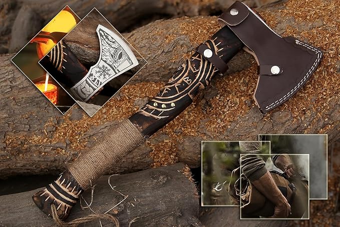 19” Hand Forged Viking Axe- Ash Wood Shaft Engraved Carbon Steel Bearded Axe for Camping- Viking Gift for Men(Norse Viking Axe) Blaack ISU564ZA