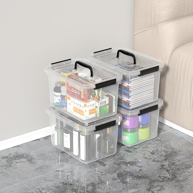 6 L Lidded Storage Bins Clear Plastic Box with Handle 4 Pack