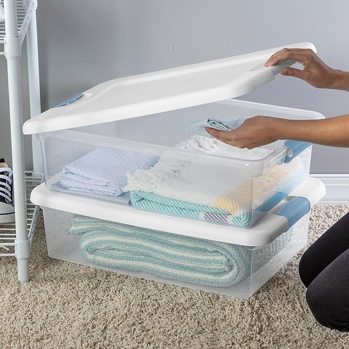 Sterilite 24-Pack Latching Box Under Bed Storage Bins with Lids Clear Plastic 32 Quart - Heavy-Duty Organizing Containers for Closet Bathroom and Office