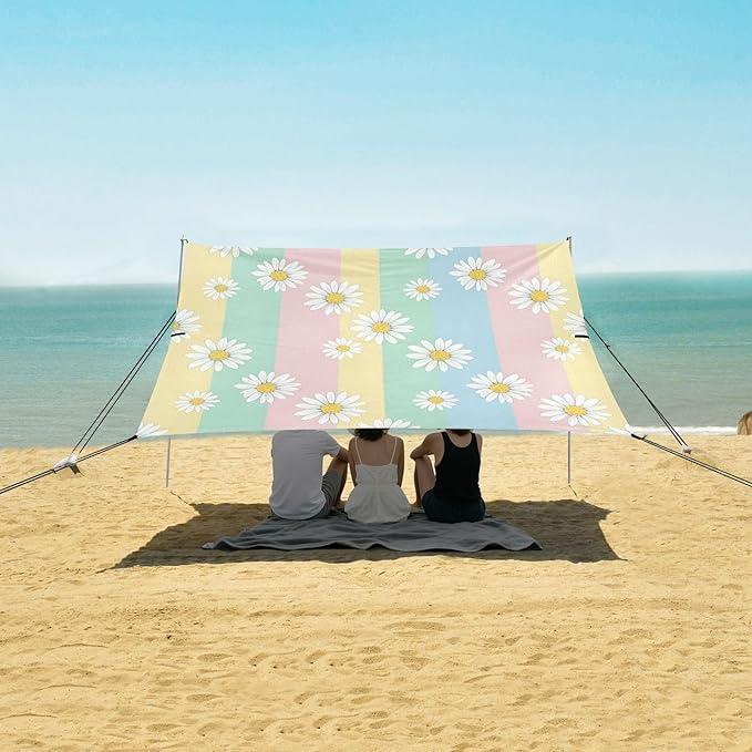 xigua Daisy Beach Tent Sun Shelter with Carrying Bag - Silver Coated Oxford Fabric Beach Canopy for Beach Camping Fishing - Includes Windproof Ropes Sandbags &amp Stakes
