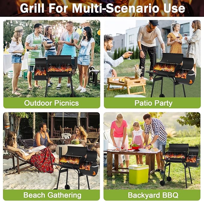 BLKMTY 43 Charcoal Grills Outdoor BBQ Grill with Offset Smoker Camping Portable Grill Camping Barbecue Grills with Side Fire Box for 6-10 People Patio Backyard Picnic BBQ Black