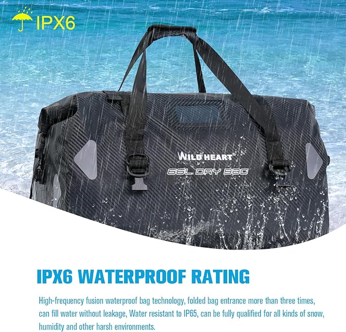 WILD HEART Waterproof Motorcycle Duffel Bag PVC500D Double-bottom With Rope Straps and Inner Pocket 40L 66L 100L for Kayaking Camping BoatingMotorcycle