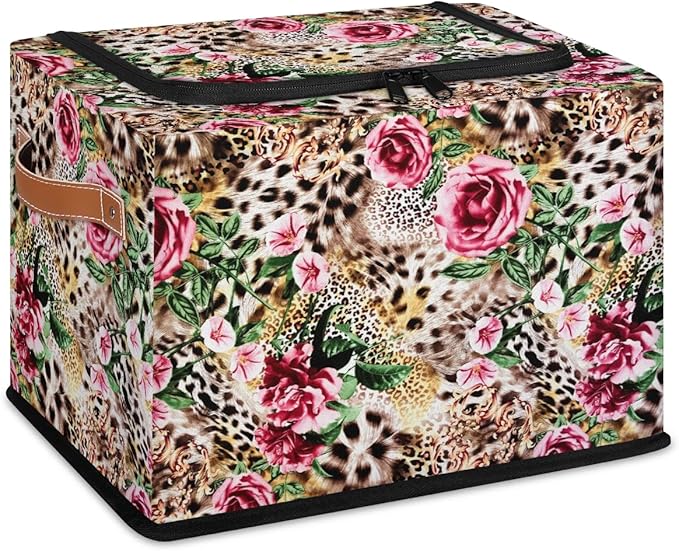 Clothes Storage Bins with Metal Frame Leopard Print Flower Storage Boxes with Zipper Lids Collapsible Cube Clothing Storage Bag with Leather Handle Closet Clothes Organizer Container
