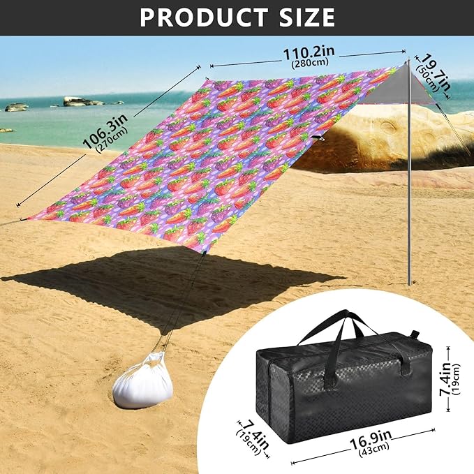 ALAZA Rainbow Strawberry Polka Dots Beach Tent Sun Shelter UPF50+ Protection Beach Shade Canopy w/ 4 Sandbags for Outdoor Camping Fishing Backyard Fun Picnic 10x9 ft