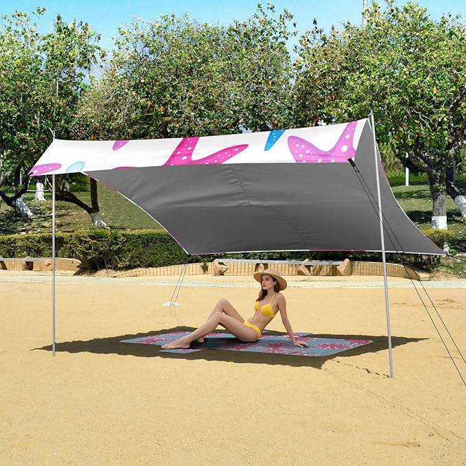 xigua Starfish Beach Tent Sun Shelter with Carrying Bag - Silver Coated Oxford Fabric Beach Canopy for Beach Camping Fishing - Includes Windproof Ropes Sandbags &amp Stakes