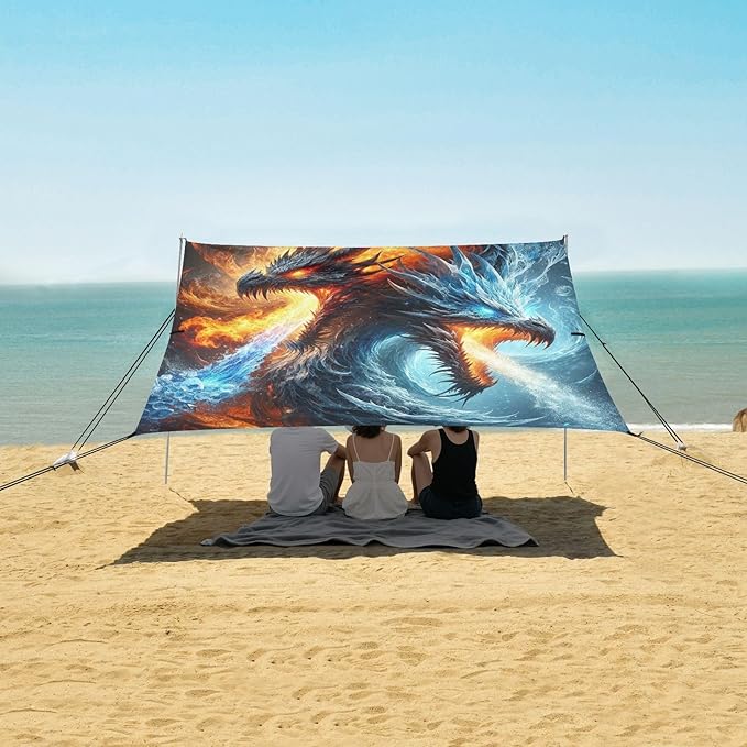 ALAZA Ice &amp Fire Dragons Beach Tent Sun Shelter UPF50+ Protection Beach Shade Canopy w/ 4 Sandbags for Outdoor Camping Fishing Backyard Fun Picnic 10x9 ft