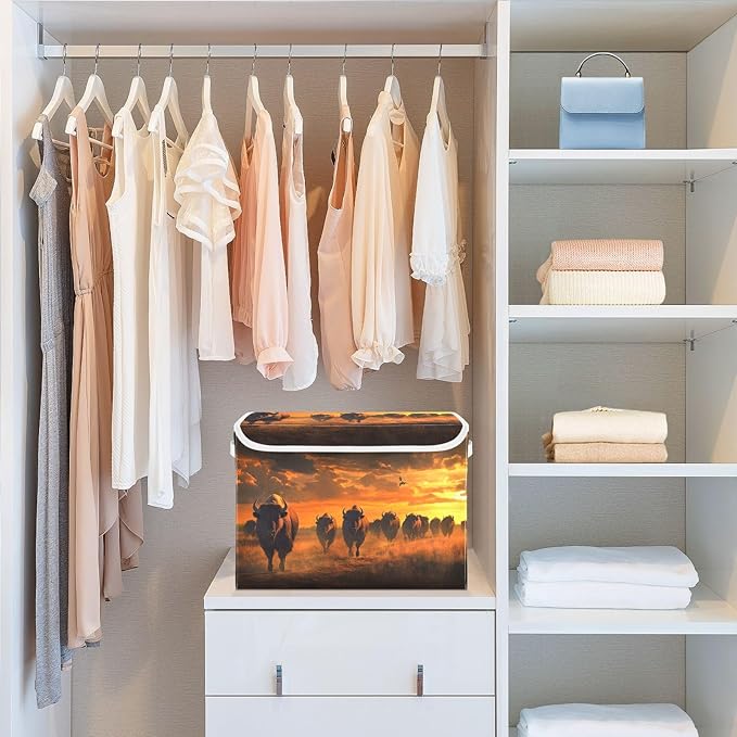 AIXIWAWA Lidded Storage Cube (Herd Of Bison) Fabric Foldable Closet Bins with Flip Lid and Handles Organizer Basket Container 16.5 x 12.6 x 11.8 IN